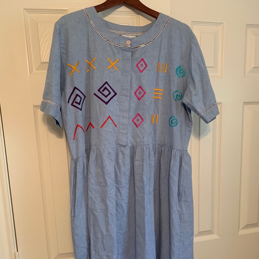 Vintage denim dress with bold pattern.
